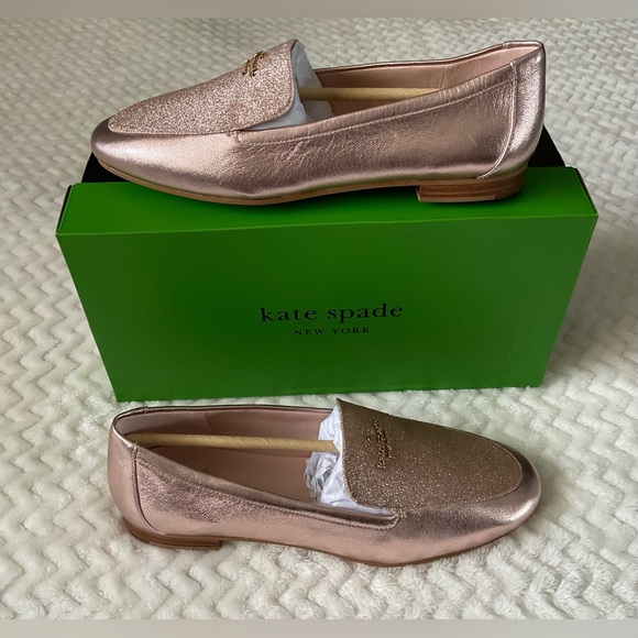 Kate Spade Pink Gold Flats Elegant Metallic Loafers - Picture 2 of 7